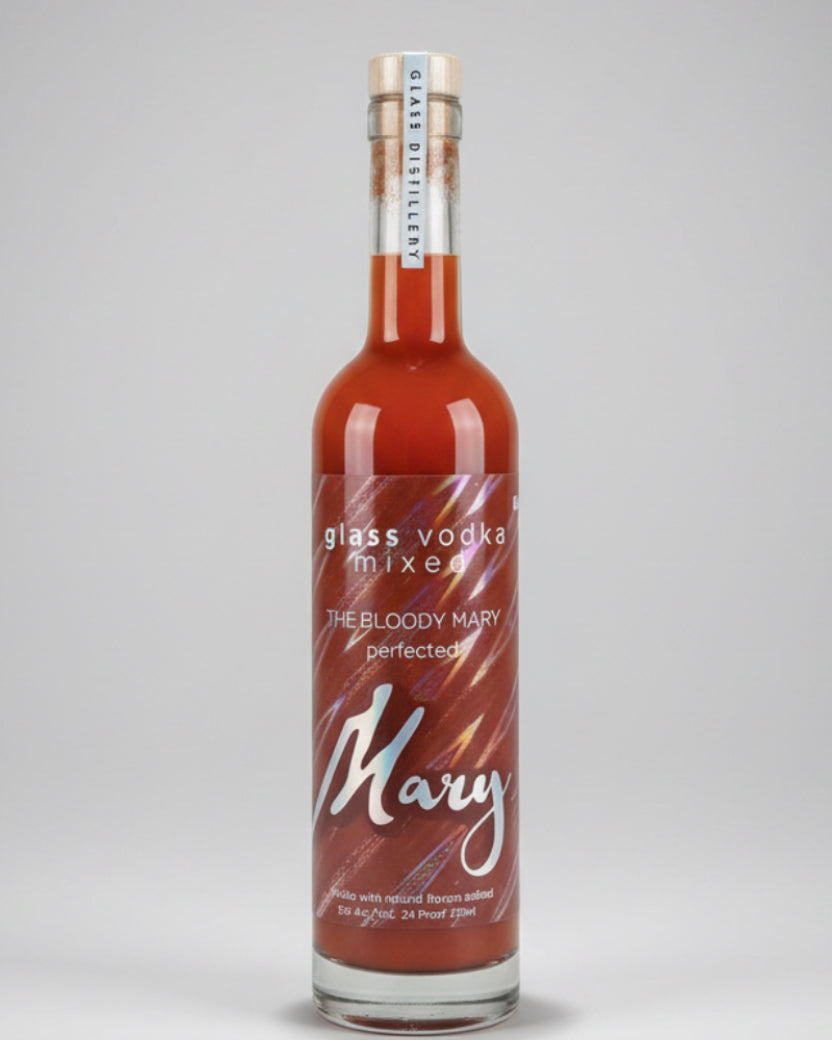 Bottle of Glass Vodka Mixed loody Mary cocktail.